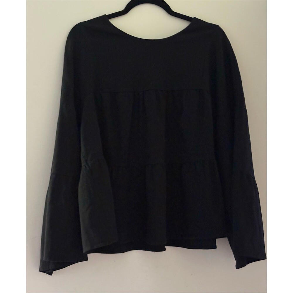 J. Crew Blouse Womens 2XL Black Tiered Flowy Tunic Round Neck Long Sleeve